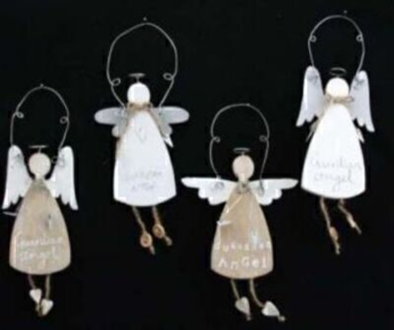 Wooden Guardian Angel hanging decorations by Gisela Graham in natural and white. Shabby Chic gifts for home, birthday, thinking of you or just because. 4 designs if preference please specify when ordering 1, 2, 3, or 4 as seen from left to right. Size 